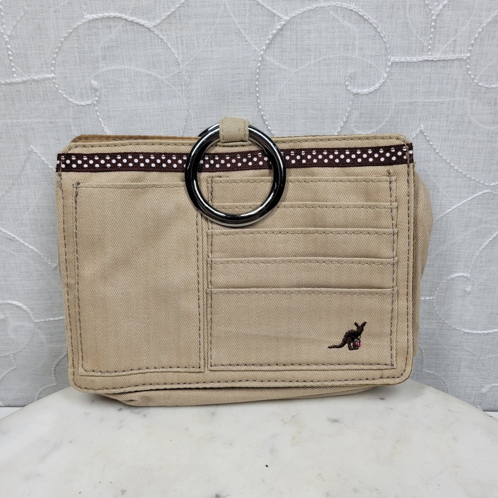 Pouchee Mini Organizer Purse Beige Tan Kangaroo Logo Multi-Pocket Ring Handles